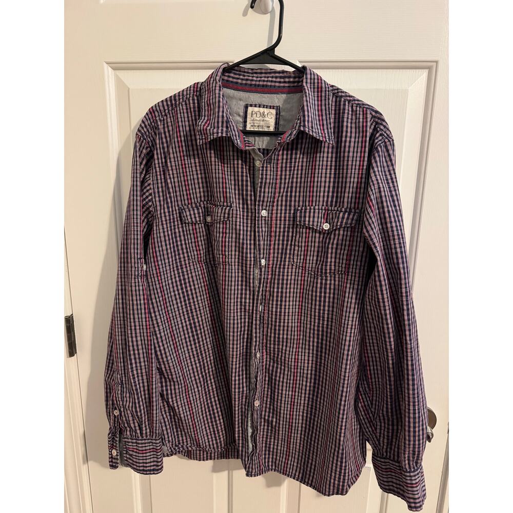 PD&C Mens 100% Cotton Plaid Button Down Long Sleeve Shirt Red Blue White XL